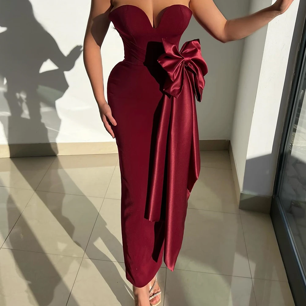 Customized Straight Evening Dresses Tea-length Strapless Sleeveless Prom Gown Fashion Bow Draped Simple Backless Party Gown
Customized Straight Evening Dresses Tea-length Strapless Sleeveless Prom Gown Fashion Bow Draped Simple Backless Party Gown