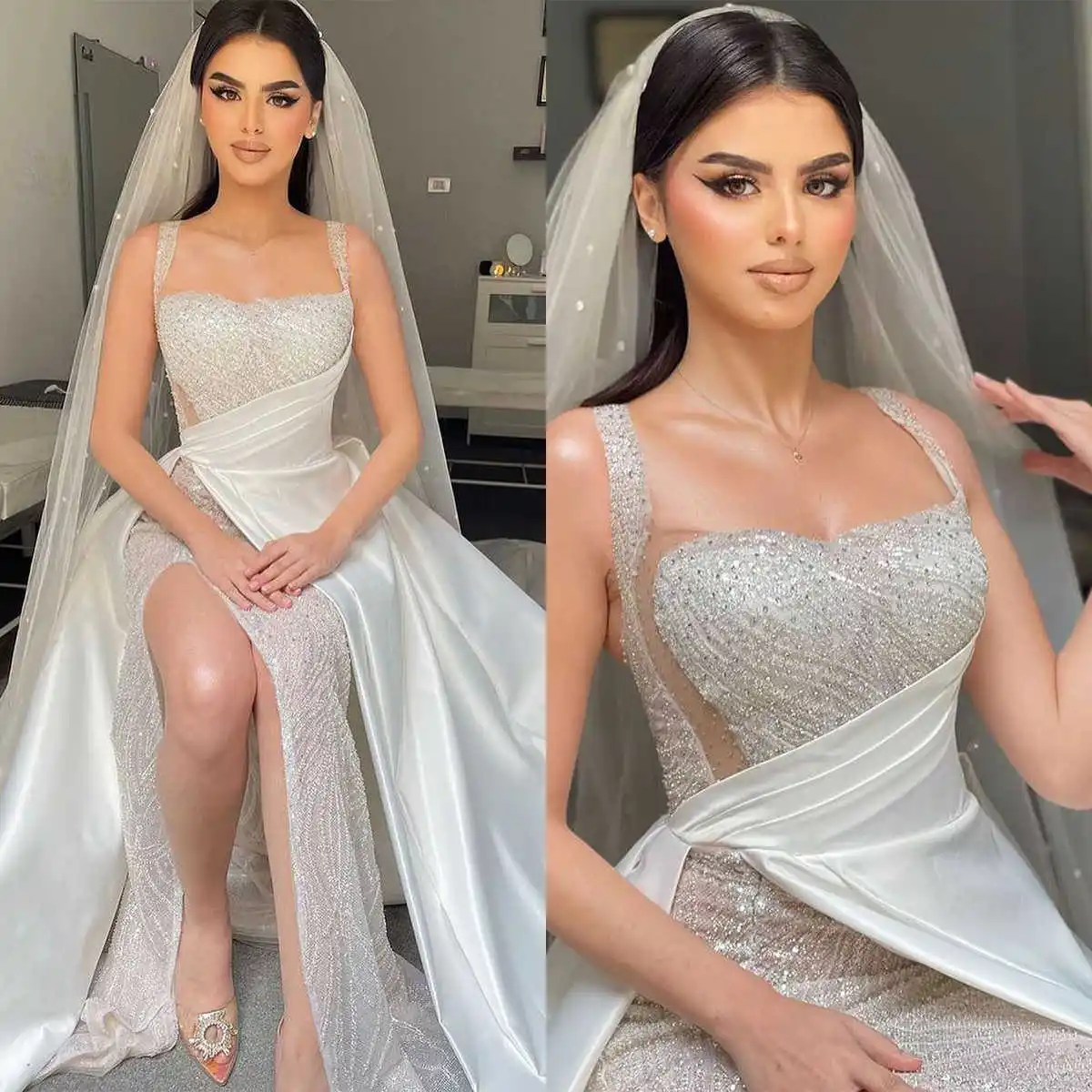 Modern Wedding Dress For Women Spaghetti Strap Sleeveless Split Side Bridal Gown Sequins Sweep Train Dresses Custom Made
Modern Wedding Dress For Women Spaghetti Strap Sleeveless Split Side Bridal Gown Sequins Sweep Train Dresses Custom Made