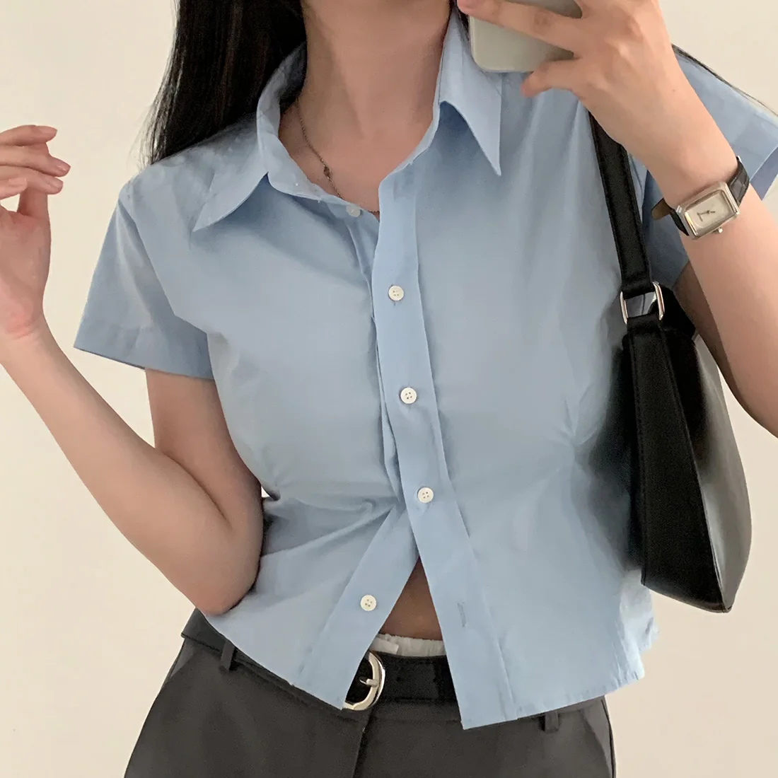 High Waist Short Sleeve Shirt Women's Casual Style Pure Color Short Length Shirt Female Fashion Summer Season Chinese Origin
High Waist Short Sleeve Shirt Women's Casual Style Pure Color Short Length Shirt Female Fashion Summer Season Chinese Origin