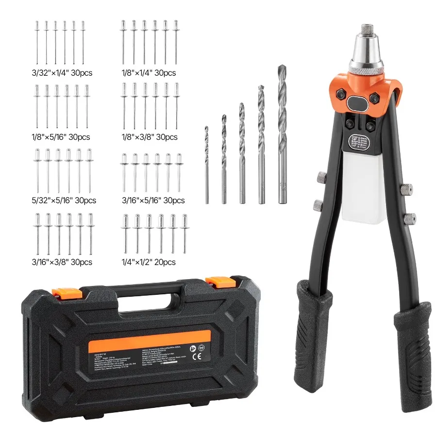 Manual Rivet Gun Kit with 230 Rivets Two-Handed Tool Featuring 5 Replaceable Nosepieces 5 Drill Bits and a Storage Case Ideal f
Manual Rivet Gun Kit with 230 Rivets Two-Handed Tool Featuring 5 Replaceable Nosepieces 5 Drill Bits and a Storage Case Ideal f