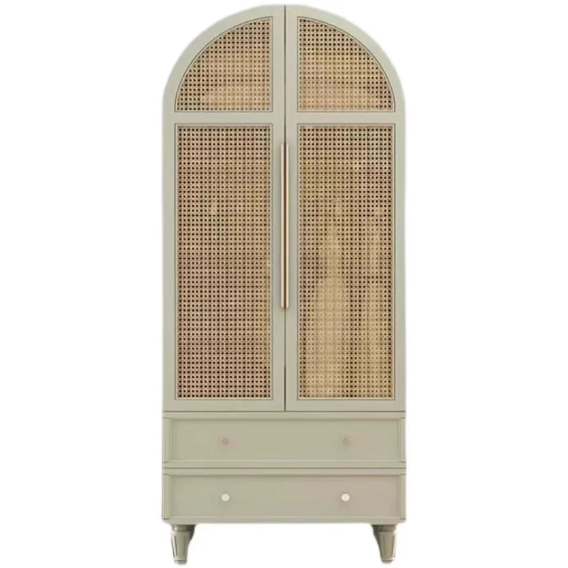French cream wind rattan wardrobe bedroom simple solid wood clothes storage cabinet B & B hotel arched double door wardrobe 
French cream wind rattan wardrobe bedroom simple solid wood clothes storage cabinet B & B hotel arched double door wardrobe