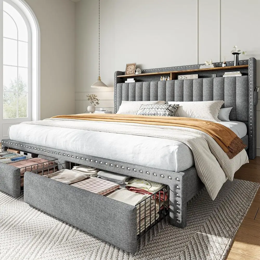 EnHomee King Size Upholstered Bed Frame with 2 Metal Storage Drawers and 2-Tier Vertical Tufted Headboard, 1000lbs Heavy Duty fo
EnHomee King Size Upholstered Bed Frame with 2 Metal Storage Drawers and 2-Tier Vertical Tufted Headboard, 1000lbs Heavy Duty fo