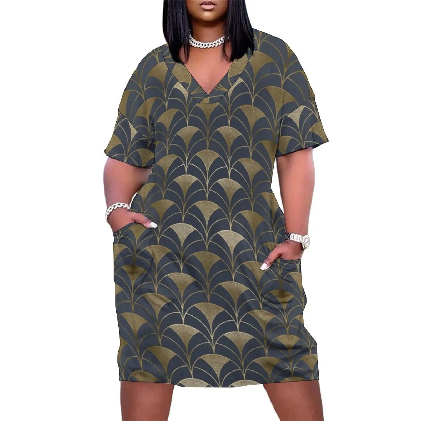 Elegant Art Deco Gold and Inkwell Gray Geometric Pattern Loose Pocket Dress Long dress
Elegant Art Deco Gold and Inkwell Gray Geometric Pattern Loose Pocket Dress Long dress