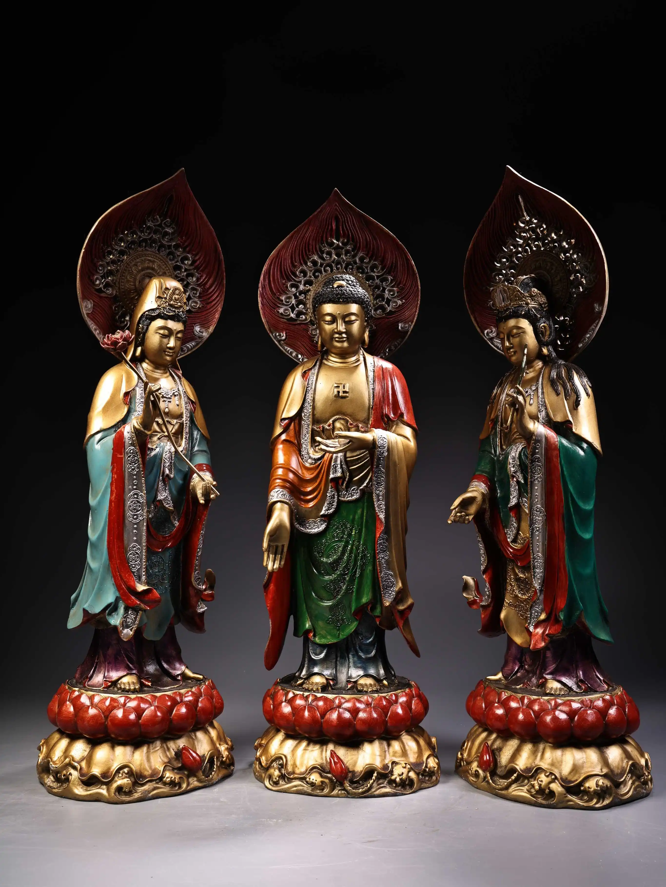 14"Tibetan Temple Collection Old Bronze Painted High Relief three saints of the West Buddha Guanyin Shakyamuni Worship Hall
14"Tibetan Temple Collection Old Bronze Painted High Relief three saints of the West Buddha Guanyin Shakyamuni Worship Hall