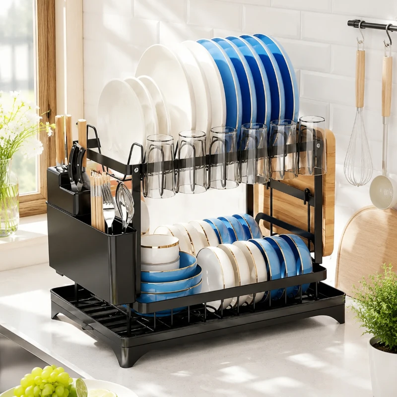 Black 2-Tier Swivel Dish Rack with 360° Drainboard, Built-in Utensil Holder, No-Drill Kitchen Storage Shelf, Complete Set
Black 2-Tier Swivel Dish Rack with 360° Drainboard, Built-in Utensil Holder, No-Drill Kitchen Storage Shelf, Complete Set