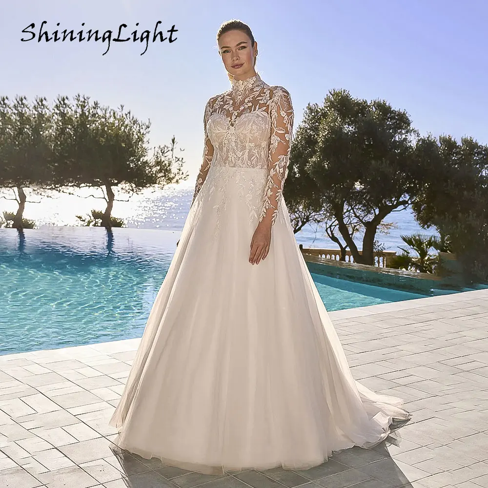 ShiningLight High Collar Long Sleeve Tulle Wedding Dresses Appliques Lace Elegant A-line Bridal Gowns Customized Robe De Mariée
ShiningLight High Collar Long Sleeve Tulle Wedding Dresses Appliques Lace Elegant A-line Bridal Gowns Customized Robe De Mariée
