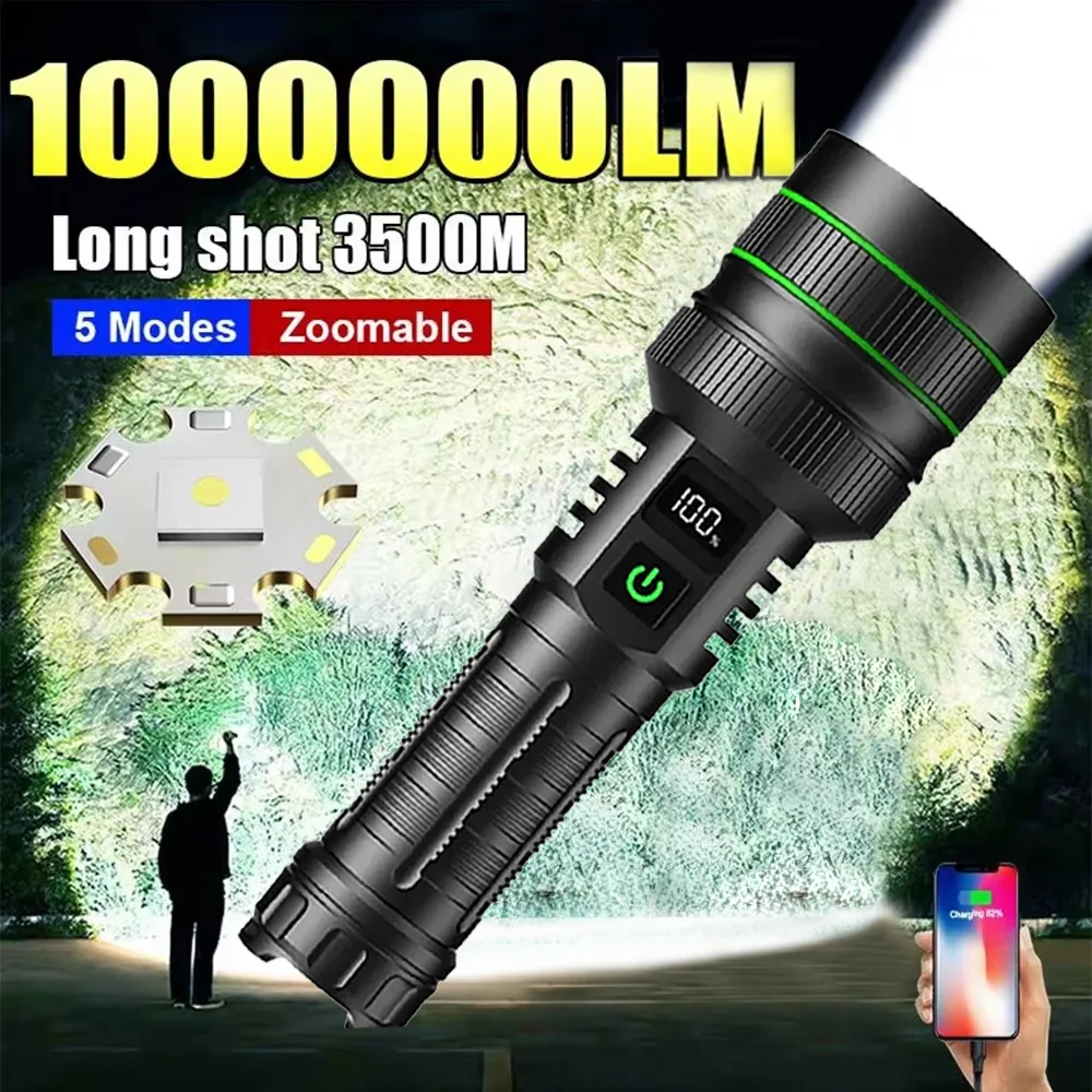 1000000LM Powerful Spotlight 1000W Long Range LED Flashlight Type-C Charging Output Zoom Aluminum Alloy Handlamp For Camping
1000000LM Powerful Spotlight 1000W Long Range LED Flashlight Type-C Charging Output Zoom Aluminum Alloy Handlamp For Camping