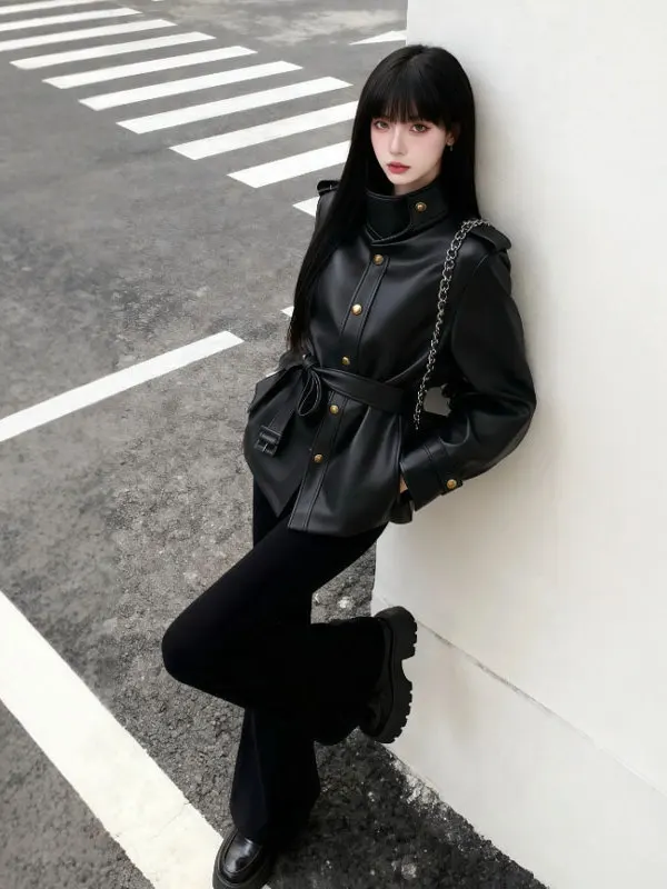 Кожаная куртка Ele Bla с воротником-стойкой, приталенная, с утягивающим поясом, в корейском стиле, уникальный дизайн, зимняя модная верхняя одежда для женщин
Кожаная куртка Ele Bla с воротником-стойкой, приталенная, с утягивающим поясом, в корейском стиле, уникальный дизайн, зимняя модная верхняя одежда для женщин