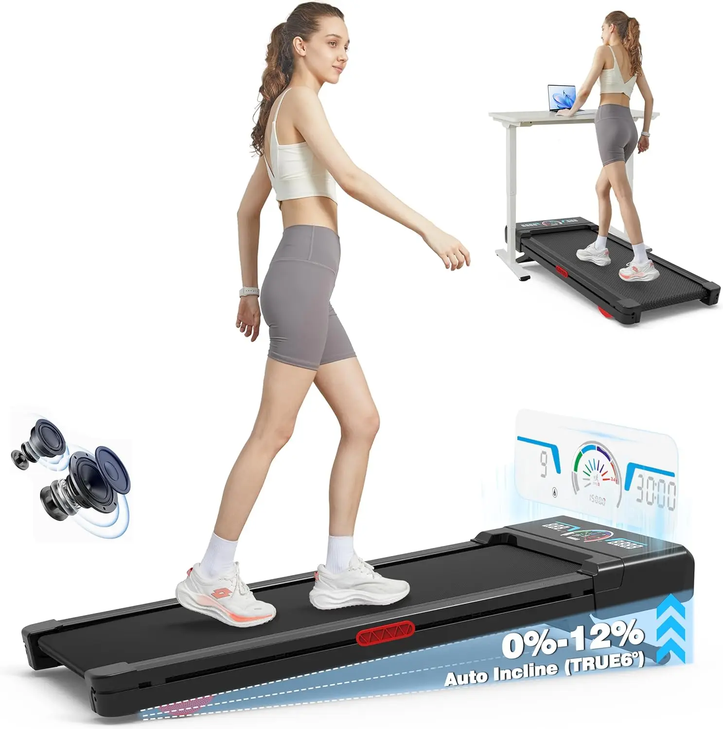 Walking Pad Treadmill with 12% 9-Level Auto Incline, 450 lbs Capacity RGB LED Screen, Bluetooth Speaker Under Desk Treadmill, Co
Walking Pad Treadmill with 12% 9-Level Auto Incline, 450 lbs Capacity RGB LED Screen, Bluetooth Speaker Under Desk Treadmill, Co