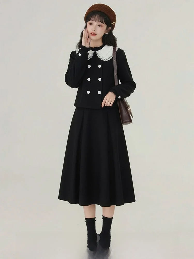 Modern Black Lace Trim Collar Double Breasted Coat Three Inch Lotus Winter High End Feeling Women's Short Outerwear
Modern Black Lace Trim Collar Double Breasted Coat Three Inch Lotus Winter High End Feeling Women's Short Outerwear