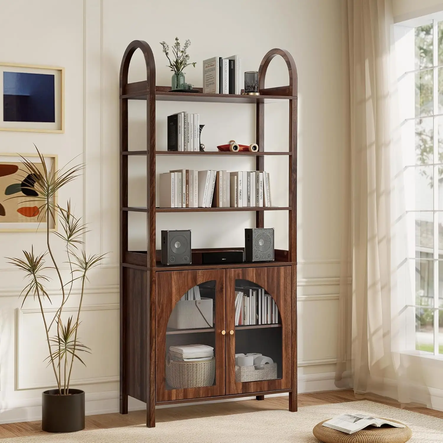 Arched Book Shelf with Doors, 71" Wood Bookself with Storage Cabinet, Mid-Century Display Bookcase for Living Room,, Customized
Arched Book Shelf with Doors, 71" Wood Bookself with Storage Cabinet, Mid-Century Display Bookcase for Living Room,, Customized