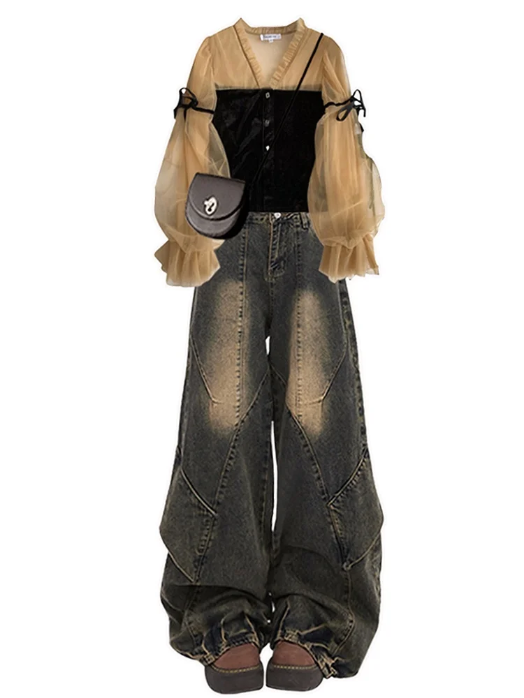 plus Size Spring Denim Set Women's Design Gentle Top High Waist Vintage Loose Slimming Wide Leg Pants Two Piece Set 
plus Size Spring Denim Set Women's Design Gentle Top High Waist Vintage Loose Slimming Wide Leg Pants Two Piece Set