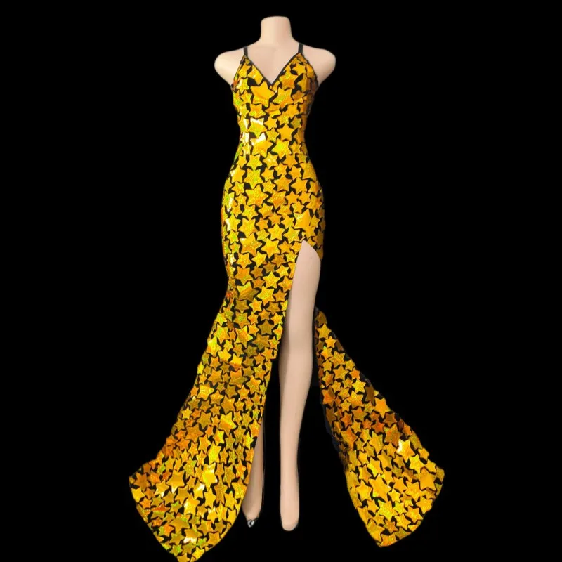 Women Singer Stage Performance Gold Laser Sequins Split Long Dress Birthday Party Celebrate Show Dance Costume
Women Singer Stage Performance Gold Laser Sequins Split Long Dress Birthday Party Celebrate Show Dance Costume