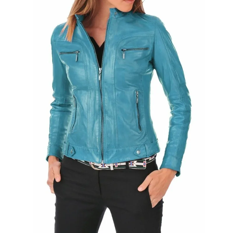 Women Leather Jacket 100% Lambskin Leather Biker Turquoise Blue Jacket European and American Fashion Trends
Women Leather Jacket 100% Lambskin Leather Biker Turquoise Blue Jacket European and American Fashion Trends