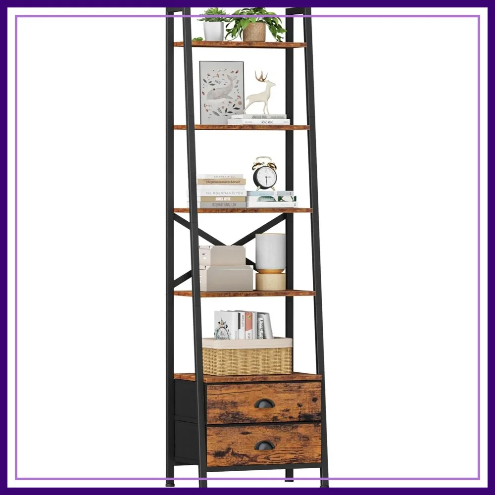 5-Tier Ladder Shelf with 2 Drawers, Narrow Bookshelf, Industrial Bookcase, Freestanding Storage Unit for Bedroom, Living Room, Home Office, Rustic Brown
5-Tier Ladder Shelf with 2 Drawers, Narrow Bookshelf, Industrial Bookcase, Freestanding Storage Unit for Bedroom, Living Room, Home Office, Rustic Brown