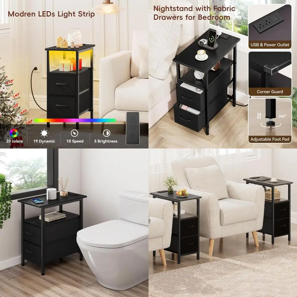 Black Nightstand with Charging Station, LED Lights, and Fabric Drawers for Bedroom
Black Nightstand with Charging Station, LED Lights, and Fabric Drawers for Bedroom