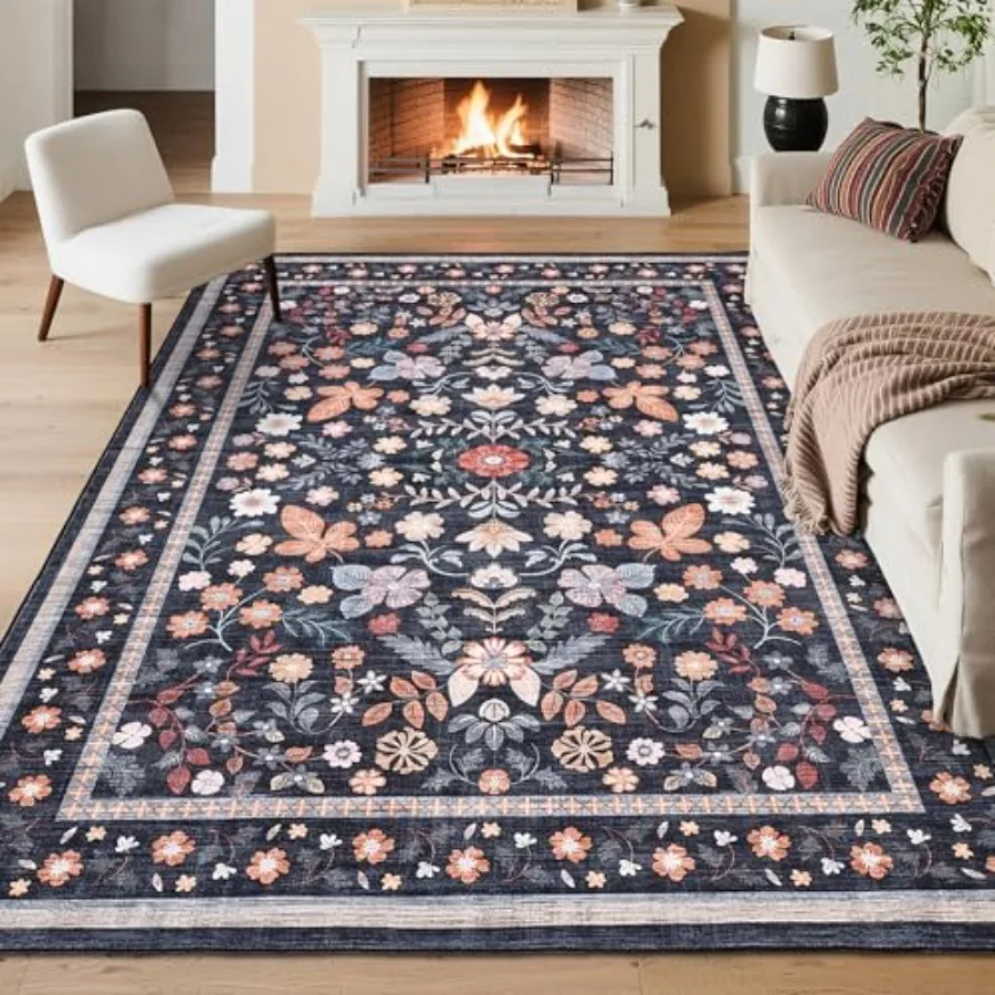 Living Room Area Rugs: Floral Machine Washable Soft Low Pile Boho Rug in Black, Stain Resistant Botanical Design with Non-Slip