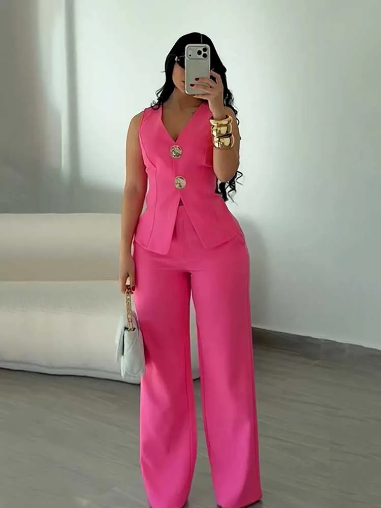 Sets for Women 2 Elegant Pieces Summer Outfits Sleeveless V Neck Slim Blazer with Wide Leg Pants Set Fashion Ladies Suit Set
Sets for Women 2 Elegant Pieces Summer Outfits Sleeveless V Neck Slim Blazer with Wide Leg Pants Set Fashion Ladies Suit Set