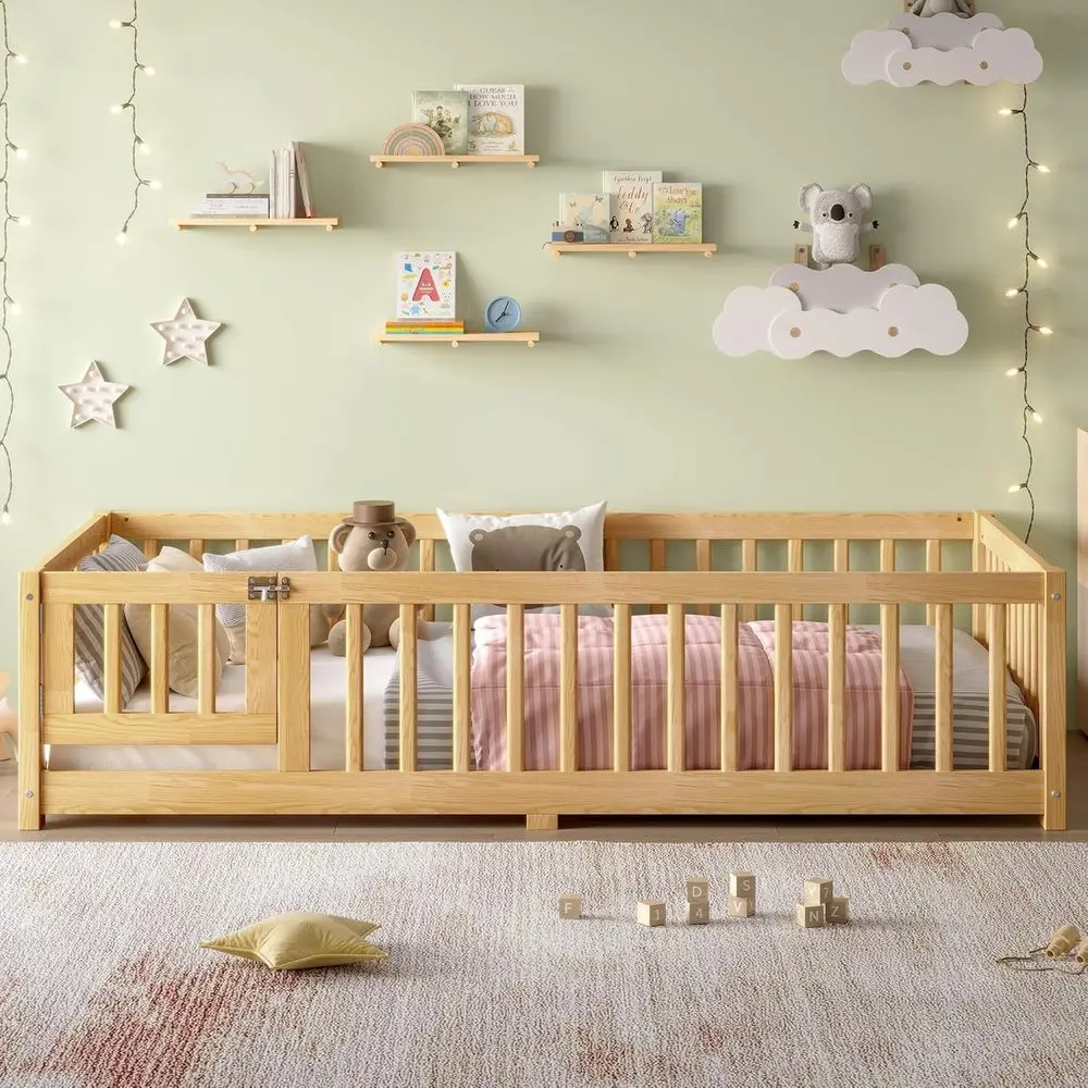 Twin-Size Child's Bed with Safety Rails and Door, Low-Profile Wooden Bed for Toddler Rooms, Natural Wood Finish
Twin-Size Child's Bed with Safety Rails and Door, Low-Profile Wooden Bed for Toddler Rooms, Natural Wood Finish