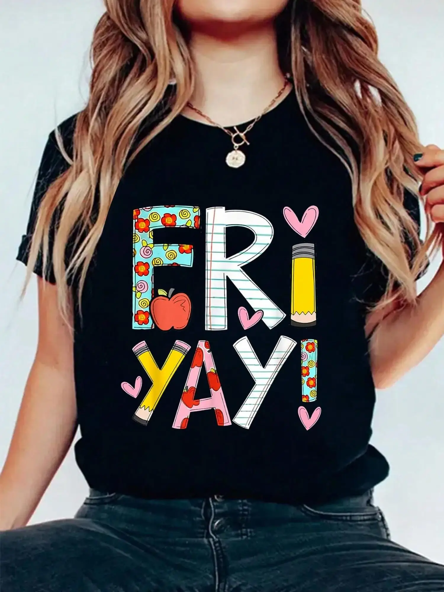 Fri-Yay! Women's Fun Friday Teacher T-Shirt – Colorful Letter Print with Floral & Elements, Soft Cotton, Round Neck
Fri-Yay! Women's Fun Friday Teacher T-Shirt – Colorful Letter Print with Floral & Elements, Soft Cotton, Round Neck