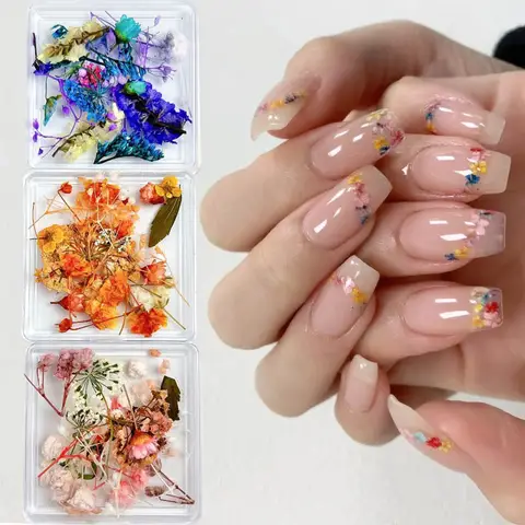 1 caixa misturada 3d flores secas decorações da arte do prego seco floral flor adesivos diy manicure encantos projetos para acessórios de unhas