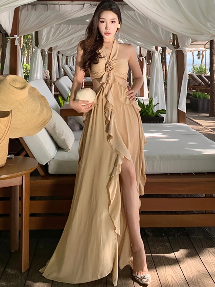 Summer Solid Chic Ruffled Luxury Long Dress Women Elegant Bandage Neck-mounted Dress 2026 Korean Vintage Bodycon Evening Dresses
Summer Solid Chic Ruffled Luxury Long Dress Women Elegant Bandage Neck-mounted Dress 2026 Korean Vintage Bodycon Evening Dresses