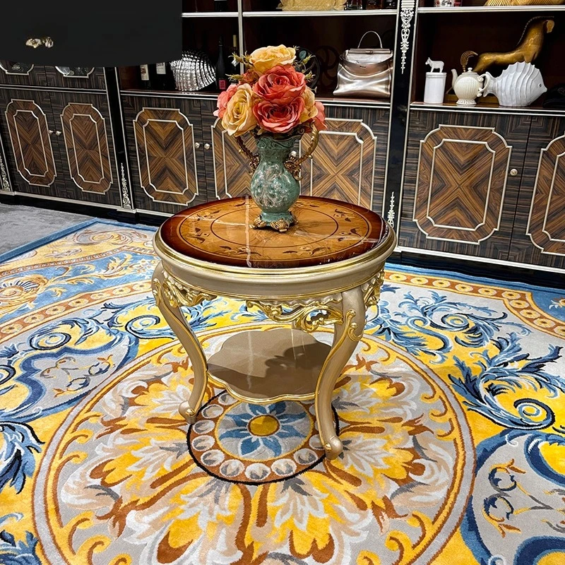 Solid wood small round table villa living room carved champagne color small coffee table
Solid wood small round table villa living room carved champagne color small coffee table
