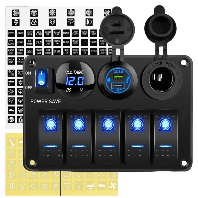 5 Gang Rocker Switch Panel with Power Save Switch Voltmeter USB Car Lighter Socket Marine 12V DC Power Control Panel
5 Gang Rocker Switch Panel with Power Save Switch Voltmeter USB Car Lighter Socket Marine 12V DC Power Control Panel