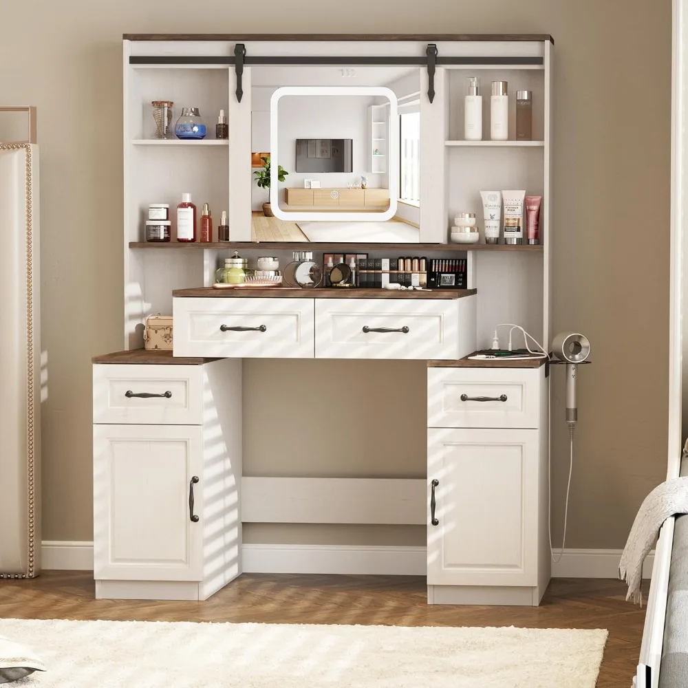 Make-up table with sliding mirror and lamp, with hidden storage shelf and charging station and 3 lights, 4 drawers, 2 cupboards
Make-up table with sliding mirror and lamp, with hidden storage shelf and charging station and 3 lights, 4 drawers, 2 cupboards