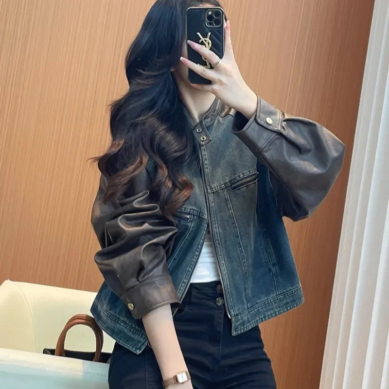 New Spring Autumn Denim Splicing Leather coat Jacket Women Long Sleeve Cowboy Coat Female Casual Elegant Outerwear Ladies Top
New Spring Autumn Denim Splicing Leather coat Jacket Women Long Sleeve Cowboy Coat Female Casual Elegant Outerwear Ladies Top