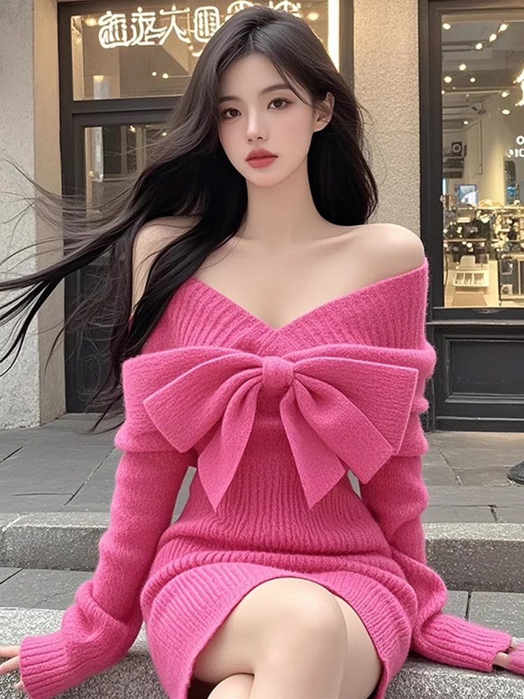Knitted Dresses Women Slash Neck Bow Slim Stretch Off Shoulder Winter Spring Fashion Party Sweater Dress Sweet Ladies 2025
Knitted Dresses Women Slash Neck Bow Slim Stretch Off Shoulder Winter Spring Fashion Party Sweater Dress Sweet Ladies 2025