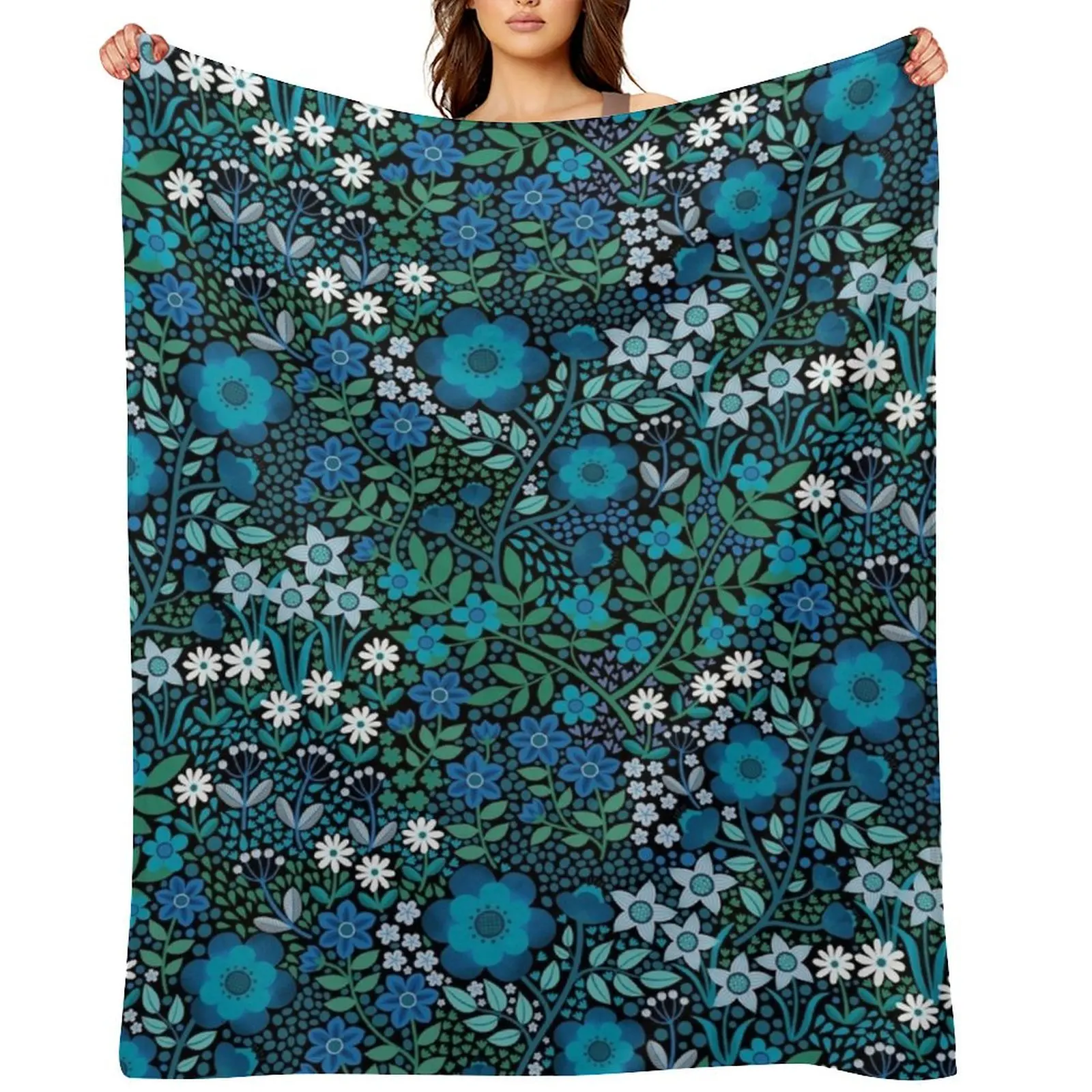 Summer Flower Garden - pretty floral pattern, turquoise blue and emerald on black - by Cecca Designs Throw Blanket
Summer Flower Garden - pretty floral pattern, turquoise blue and emerald on black - by Cecca Designs Throw Blanket