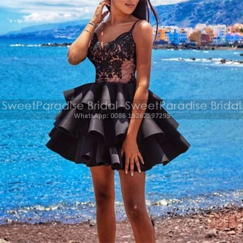 Tiered Fluffy A Line Cocktail Dresses Black Lace Spaghetti Straps Customized Women Short Mini Party Dress Homecoming Gown
Tiered Fluffy A Line Cocktail Dresses Black Lace Spaghetti Straps Customized Women Short Mini Party Dress Homecoming Gown