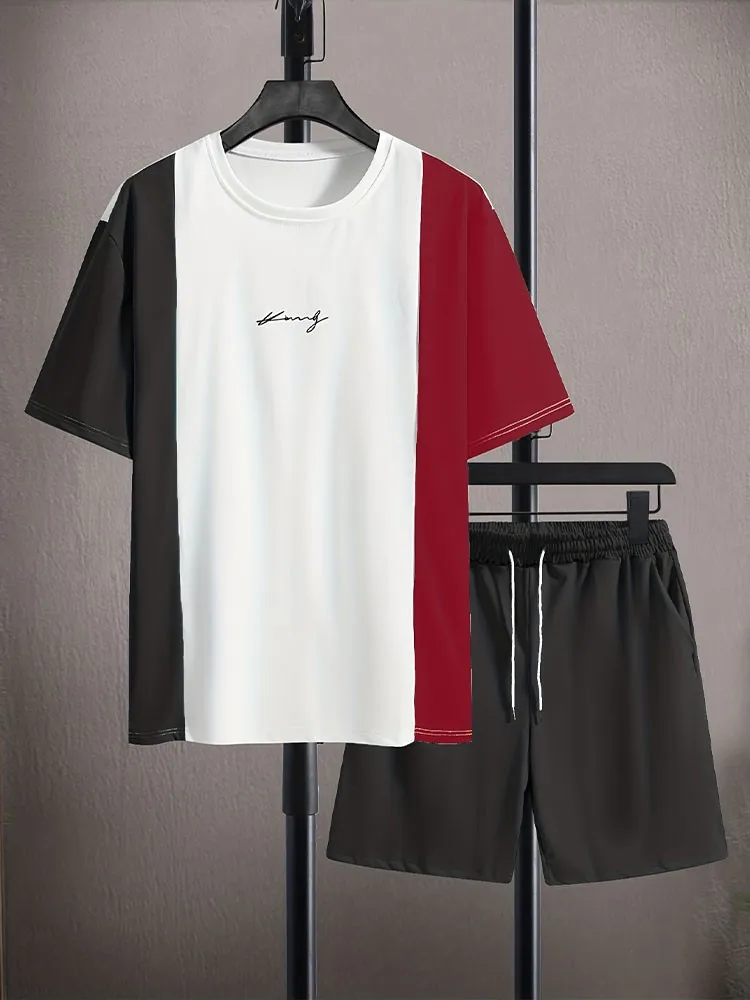 Fashionable summer men's spliced striped letter printed breathable round neck T-shirt shorts set outdoor vacation casual clothin
Fashionable summer men's spliced striped letter printed breathable round neck T-shirt shorts set outdoor vacation casual clothin