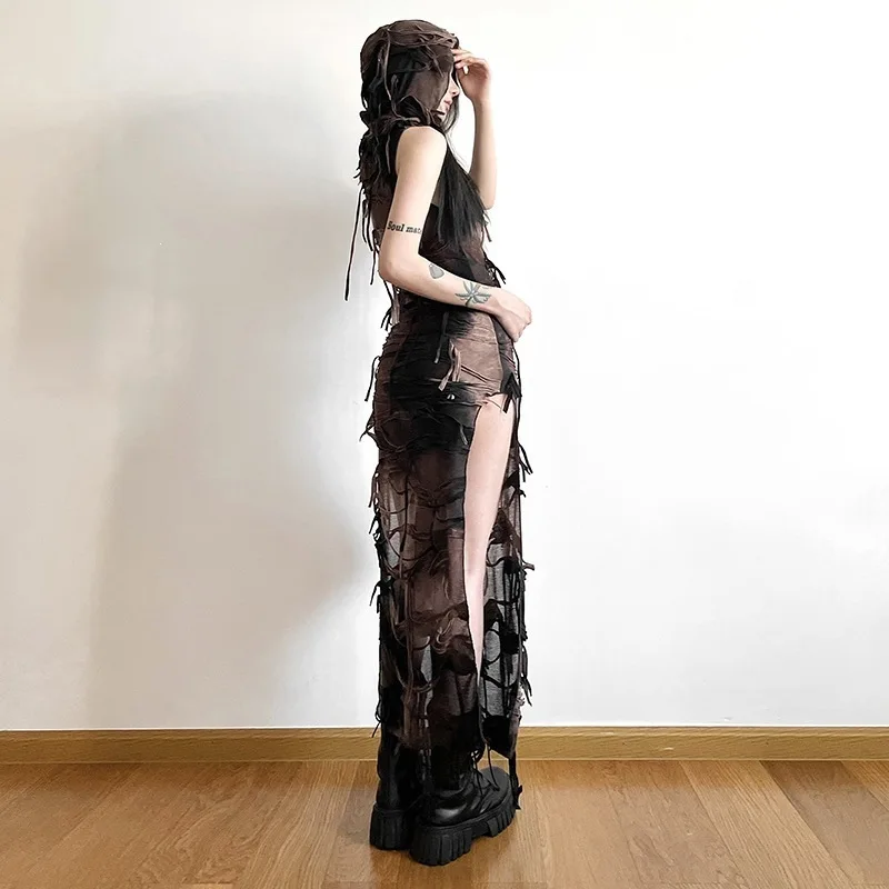 Vintage Gothic Dress Summer High Street Cool Trendy Personalized Maxi Vestidos Sexy Women Thin Perspective Harajuku Hooded Dress
Vintage Gothic Dress Summer High Street Cool Trendy Personalized Maxi Vestidos Sexy Women Thin Perspective Harajuku Hooded Dress