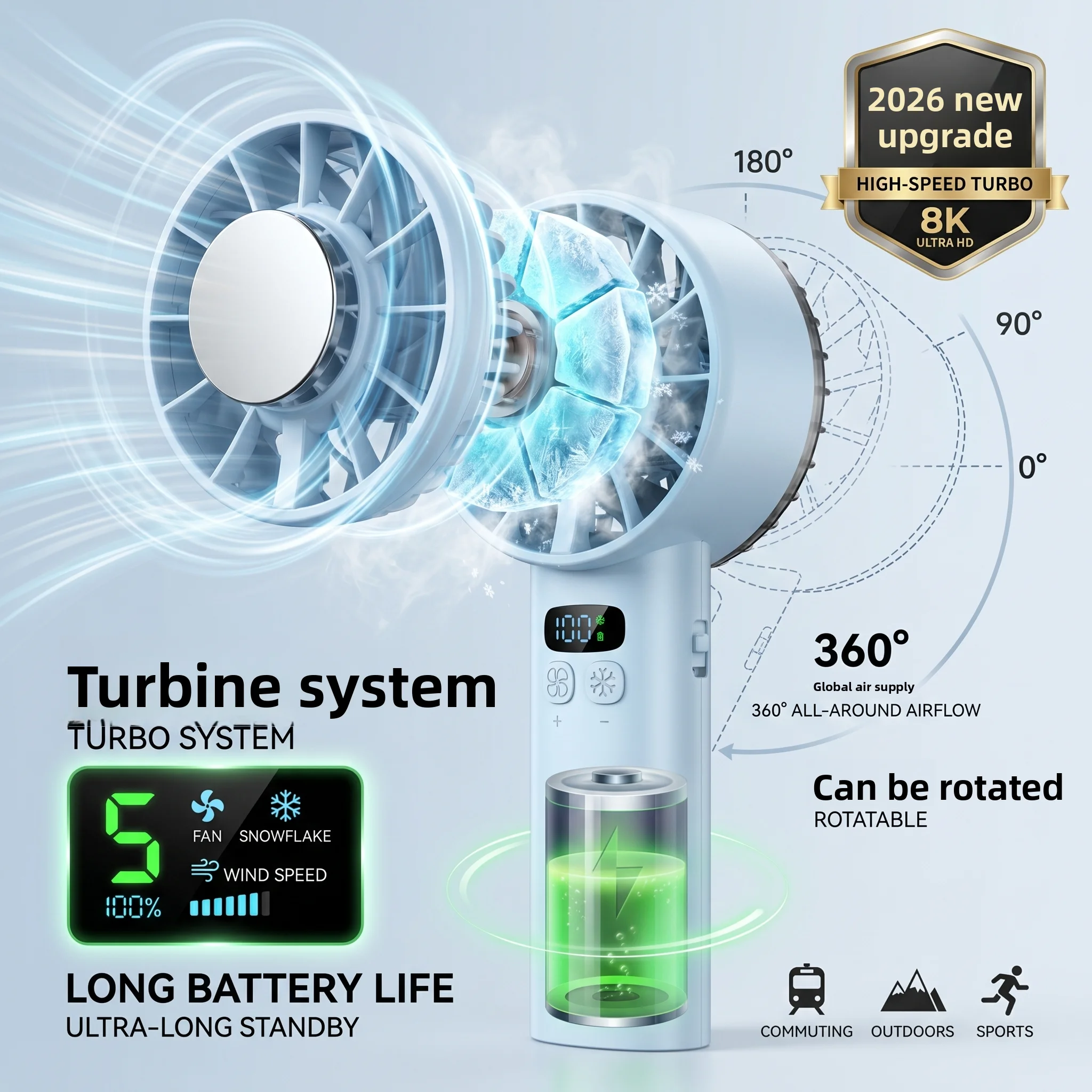 2026 New Upgrade Ice-cooling High-speed Handheld Fan 5200mAh Portable Mini Fan, Suitable For Travel, Camping, And Outdoor
2026 New Upgrade Ice-cooling High-speed Handheld Fan 5200mAh Portable Mini Fan, Suitable For Travel, Camping, And Outdoor