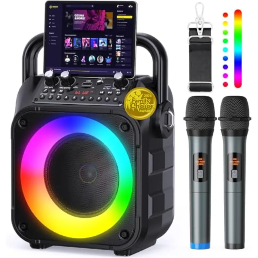 Karaoke Machine, Portable Bluetooth Speaker with 2 Wireless Mics for Adults and with LED Lights, Bass/Treble Adjustment, PA Sys
Karaoke Machine, Portable Bluetooth Speaker with 2 Wireless Mics for Adults and with LED Lights, Bass/Treble Adjustment, PA Sys