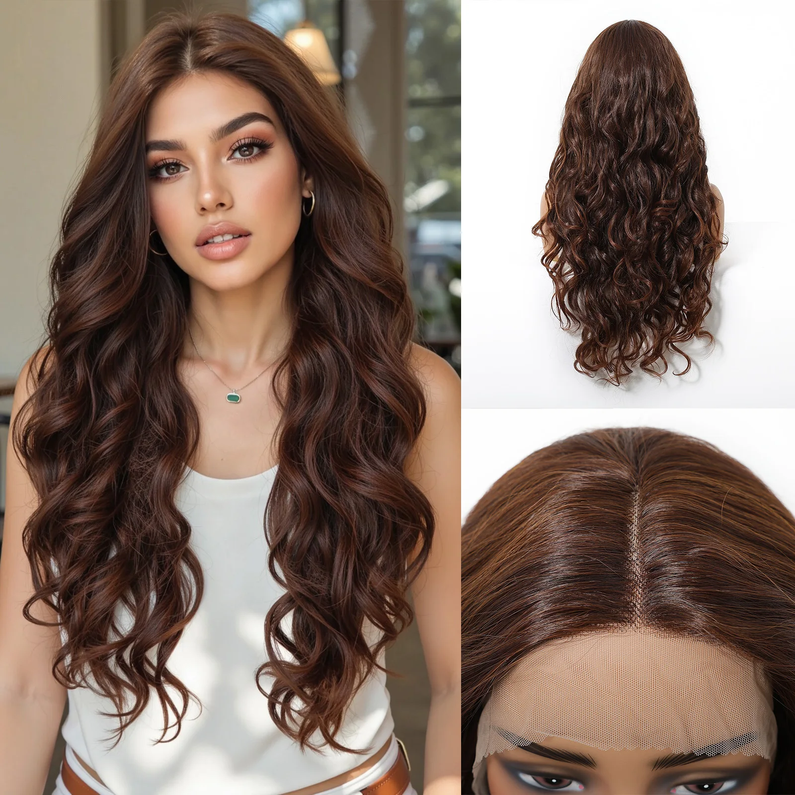 Длинный вьющийся коричневый парик спереди, синтетические парики, детские волосы, женский парик шнурка, натуральный, высокая плотность, термостойкий, волнистый, парик для косплея 
Длинный вьющийся коричневый парик спереди, синтетические парики, детские волосы, женский парик шнурка, натуральный, высокая плотность, термостойкий, волнистый, парик для косплея