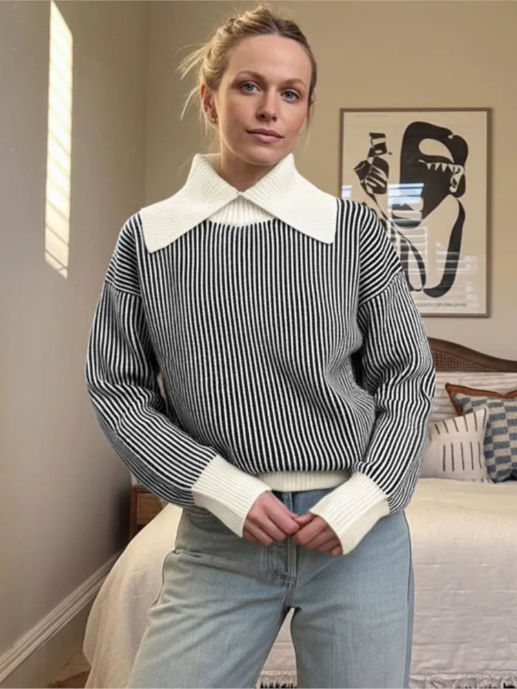 Winter Clothes Woman Pulls Femmes Casual Lapel Half Turtleneck Striped Sweater All-match Loose Simple Style Pullover Comfortable
Winter Clothes Woman Pulls Femmes Casual Lapel Half Turtleneck Striped Sweater All-match Loose Simple Style Pullover Comfortable