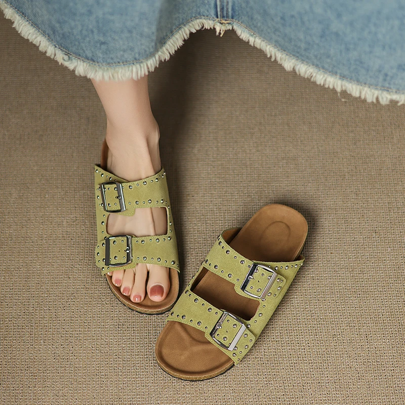 Genuine Leather Rivet Belt Buckle Flat Women Slippers Round Toe Open Toe Women Shoes, Summer Women Sandals
Genuine Leather Rivet Belt Buckle Flat Women Slippers Round Toe Open Toe Women Shoes, Summer Women Sandals