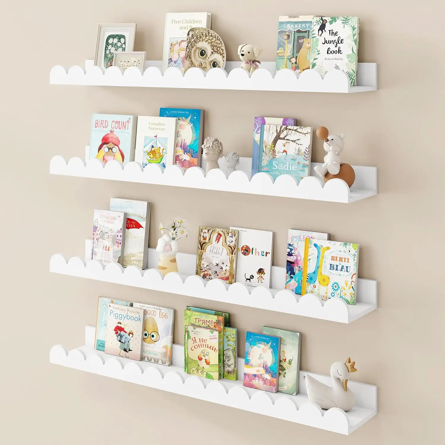 28 Inch Scalloped Floating Shelf Set of 4, White Picture Ledge for Wall, Nursery Bookshelves for Baby Room, Kids Rooms, Bedroom
28 Inch Scalloped Floating Shelf Set of 4, White Picture Ledge for Wall, Nursery Bookshelves for Baby Room, Kids Rooms, Bedroom