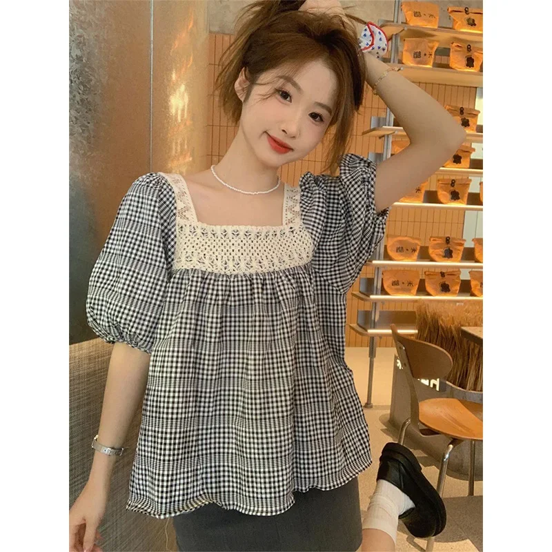 Women Clothing Summer Korean Fashion Plaid Solid Color Square Collar Ladies Simplicity All-match Appear Thin Short Sleeve Tshirt
Women Clothing Summer Korean Fashion Plaid Solid Color Square Collar Ladies Simplicity All-match Appear Thin Short Sleeve Tshirt