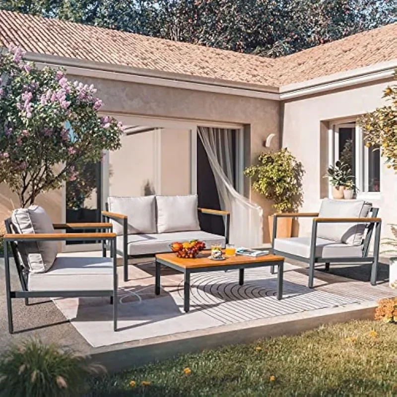 A 4 Piece Furniture Patio Lounge Conversation Set Solid Wood Armrest & Table Top Anti-Drop Thick Waterproof Cushion, Beige
A 4 Piece Furniture Patio Lounge Conversation Set Solid Wood Armrest & Table Top Anti-Drop Thick Waterproof Cushion, Beige