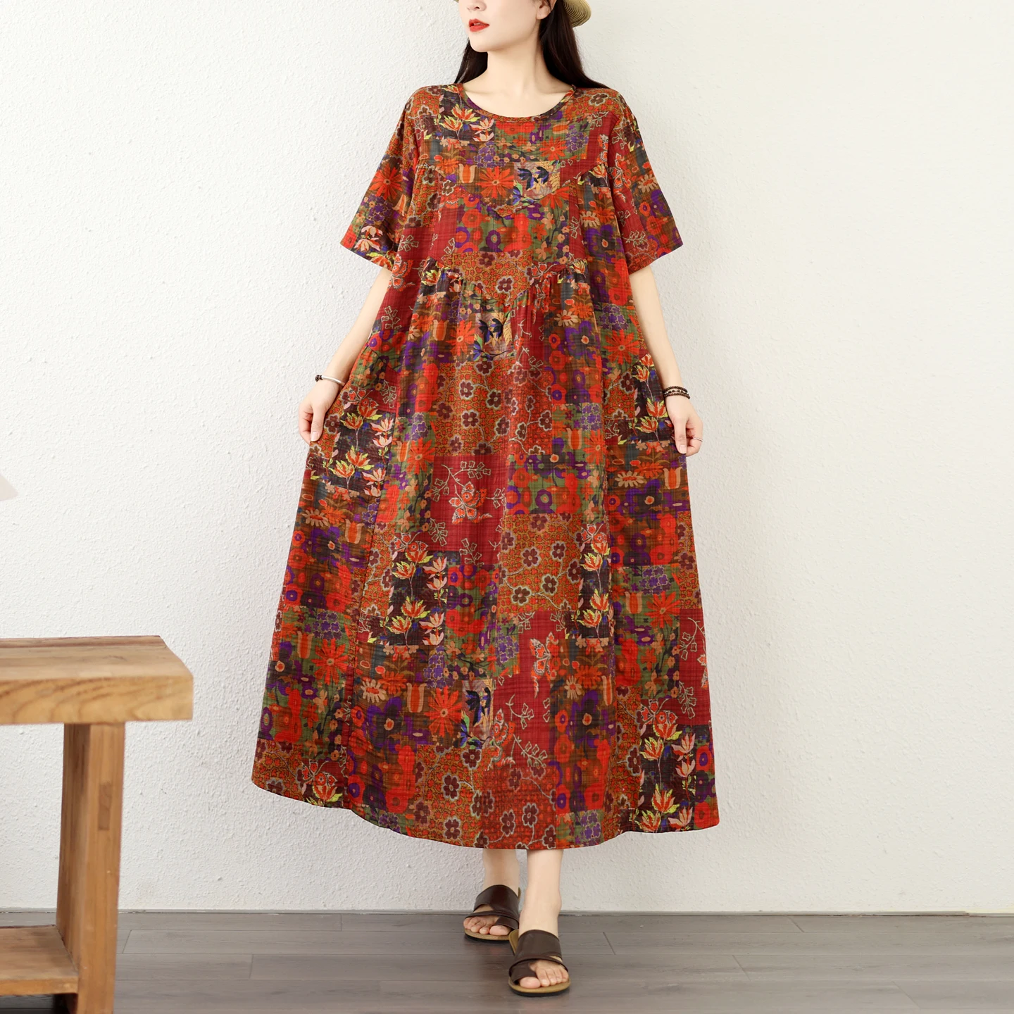 Summer New Vintage Bamboo Fiber A-Line Dress Women's Loose Slimming round Neck Pocket Short Sleeve Long Dress Artistic Style
Summer New Vintage Bamboo Fiber A-Line Dress Women's Loose Slimming round Neck Pocket Short Sleeve Long Dress Artistic Style