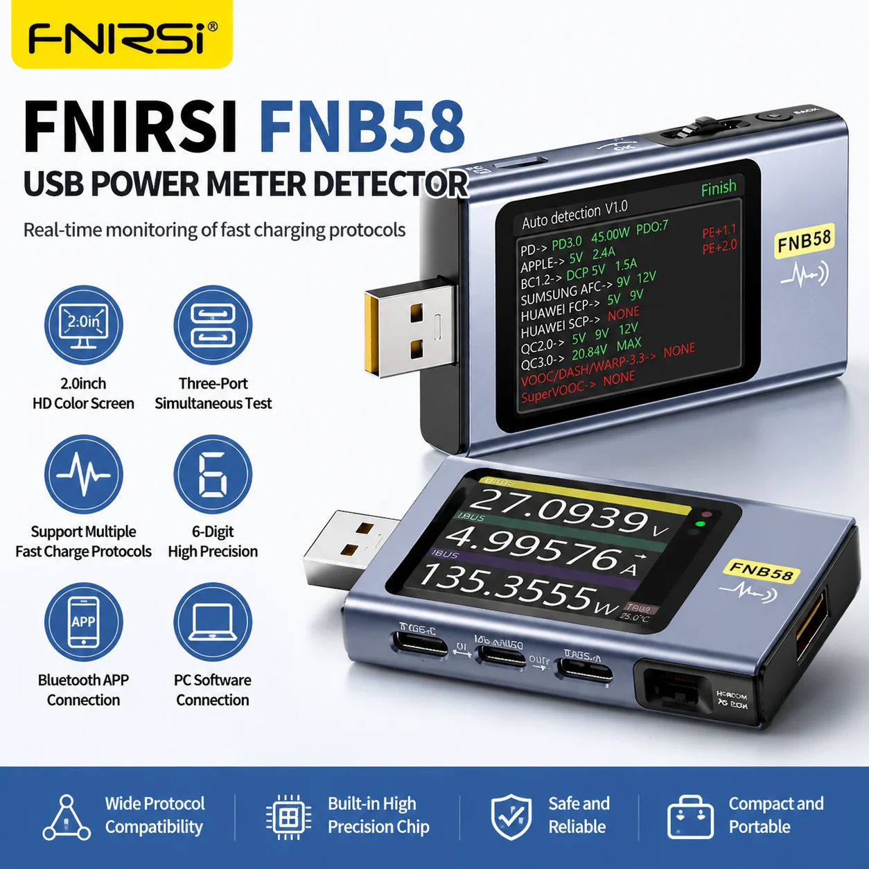 FNIRSI FNB58 USB Tester Type-C Voltmeter Ammeter Fast Charging Protocol Trigger Ripple Capacity Power Bank Measuring Tool
FNIRSI FNB58 USB Tester Type-C Voltmeter Ammeter Fast Charging Protocol Trigger Ripple Capacity Power Bank Measuring Tool