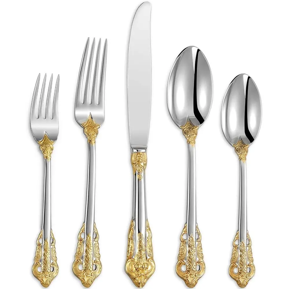 Elegant 20-Piece 18/10 Stainless Steel Flatware Set, Silver-Plated with Gold Trims, Dishwasher Safe
Elegant 20-Piece 18/10 Stainless Steel Flatware Set, Silver-Plated with Gold Trims, Dishwasher Safe