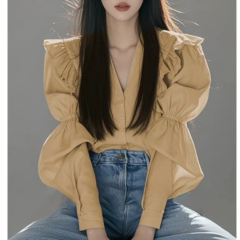 2025 Spring Fall Women Ruffles V Neck Lantern Sleeve Cardigan Top Shirt , Woman French Style Fashion Tops Shirts 
2025 Spring Fall Women Ruffles V Neck Lantern Sleeve Cardigan Top Shirt , Woman French Style Fashion Tops Shirts