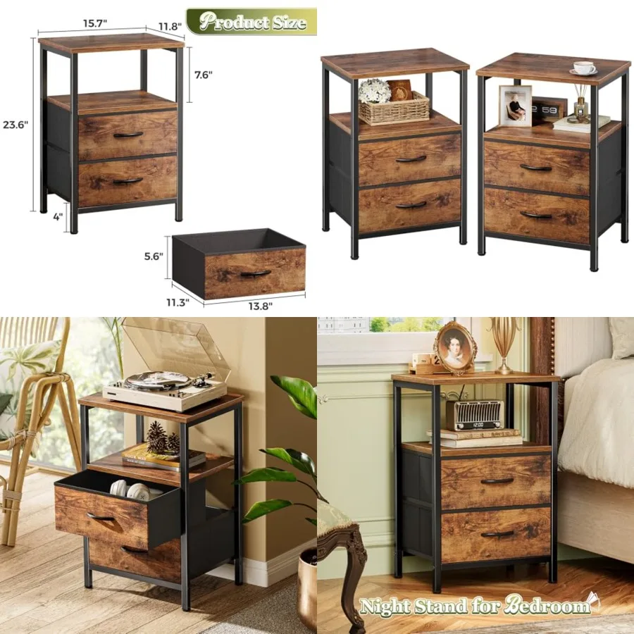 Night Stand Set 2, Nightstand with 2 Drawers, Bed Side Table with Open Shelf, Wooden Top, End Table, Fabric Drawer, for Bedroom, Rustic Brown
Night Stand Set 2, Nightstand with 2 Drawers, Bed Side Table with Open Shelf, Wooden Top, End Table, Fabric Drawer, for Bedroom, Rustic Brown
