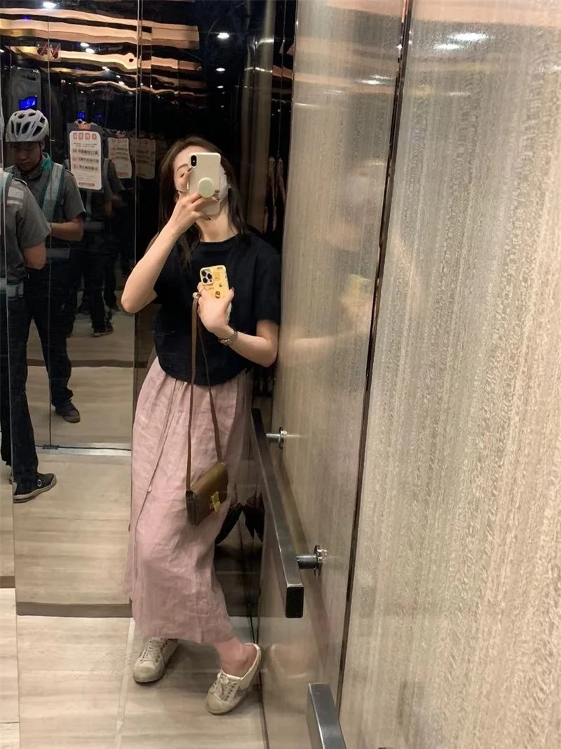 Pink Elastic Waist Midi Skirt Women's Soft Loose Fit Summer New Casual Sle Japanese Simple High Waist A-Line Skirt
Pink Elastic Waist Midi Skirt Women's Soft Loose Fit Summer New Casual Sle Japanese Simple High Waist A-Line Skirt
