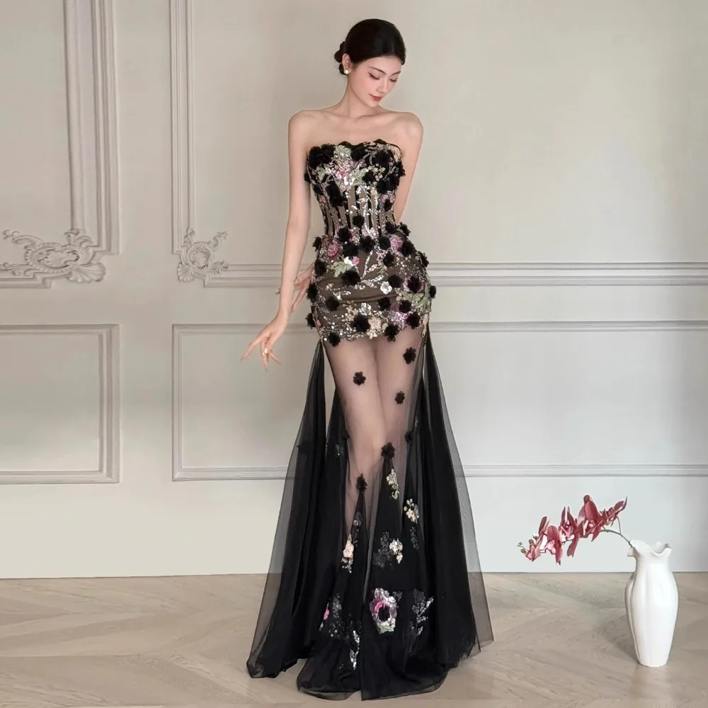 Black Sexy Strapless Mermaid Prom Dress Women Tulle Flower Appliques Floor Length Performance Gown Lady Celebrity Party Dress
Black Sexy Strapless Mermaid Prom Dress Women Tulle Flower Appliques Floor Length Performance Gown Lady Celebrity Party Dress